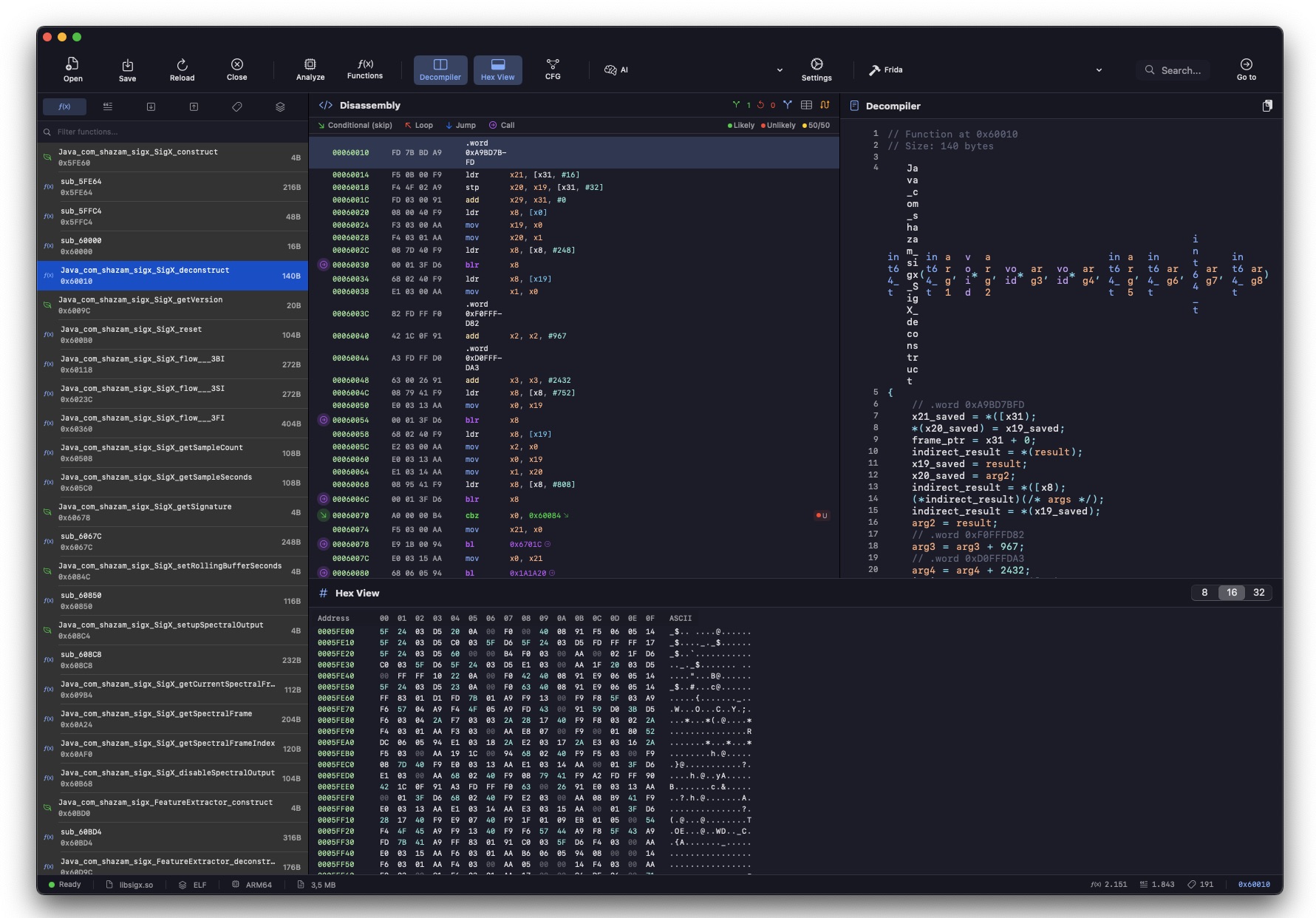 Aether: hex dump e decompiler di libsigx.so