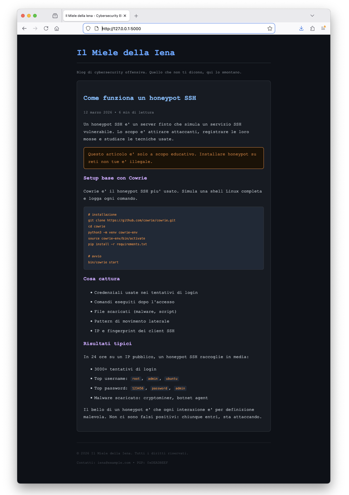 Screenshot del blog Il Miele della Iena nel browser: pagina pulita senza injection visibili
