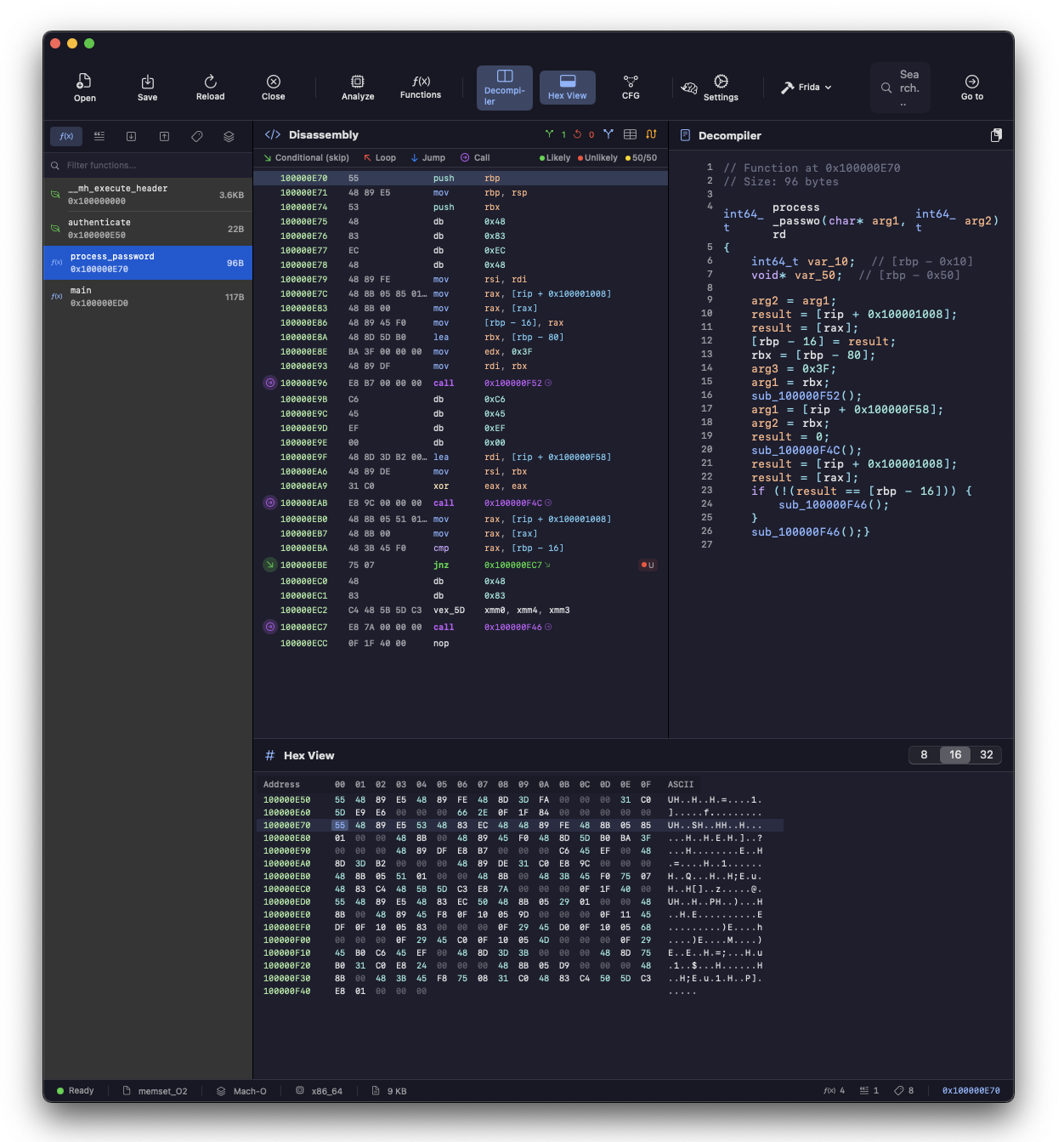 Disassembly di process_password compilata con -O2: la chiamata a memset e' sparita