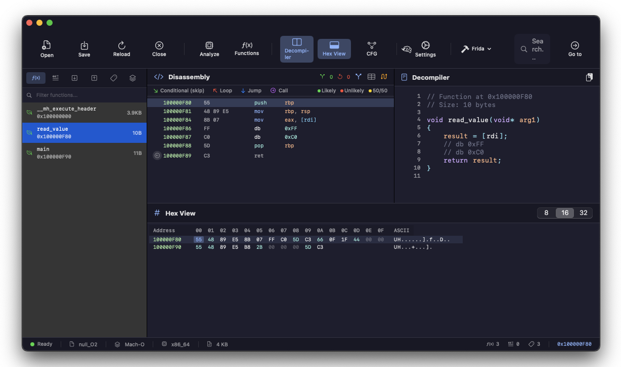 Disassembly di read_value con -O2: il null check e' stato eliminato, restano solo 3 istruzioni