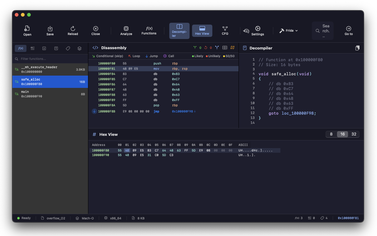 Disassembly di safe_alloc con -O2: il check sull'overflow e la chiamata ad abort sono stati eliminati