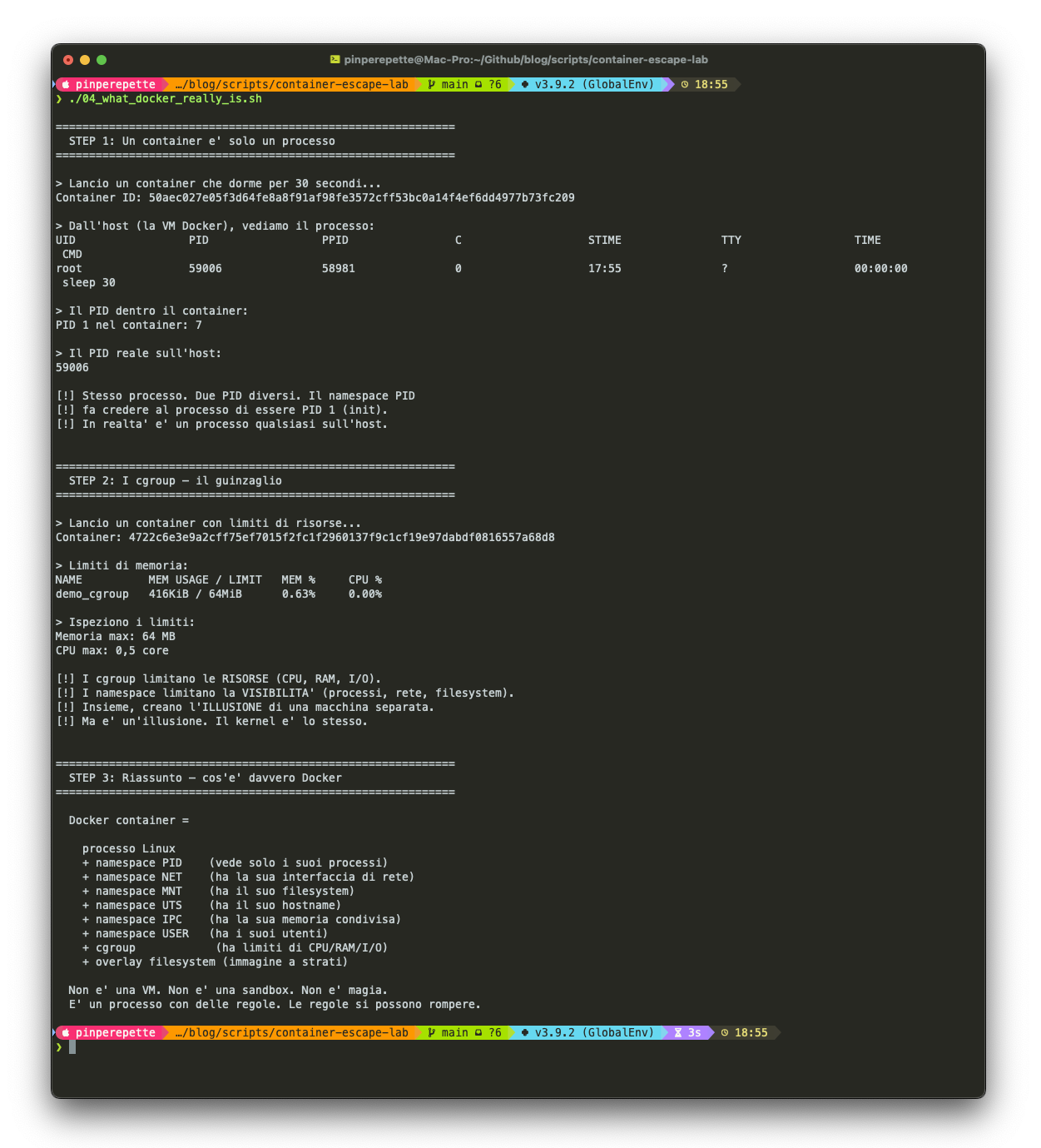 Terminale: PID reale vs PID nel container, limiti cgroup, schema Docker container