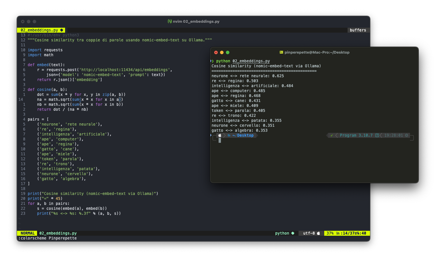 Output del terminale con le similarità coseno tra coppie di parole calcolate con nomic-embed-text