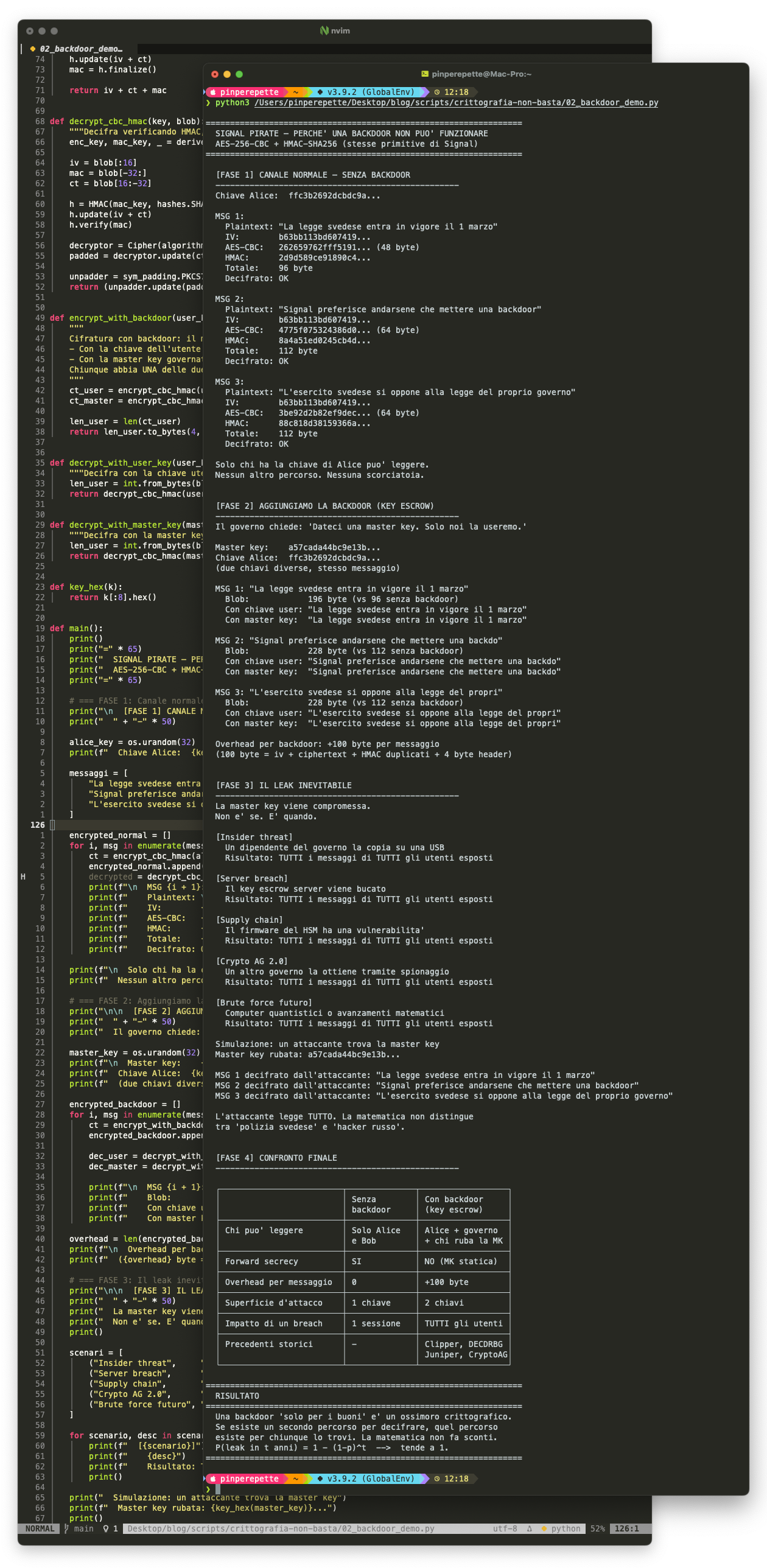 Backdoor demo: canale normale vs key escrow, la master key decifra tutti i messaggi