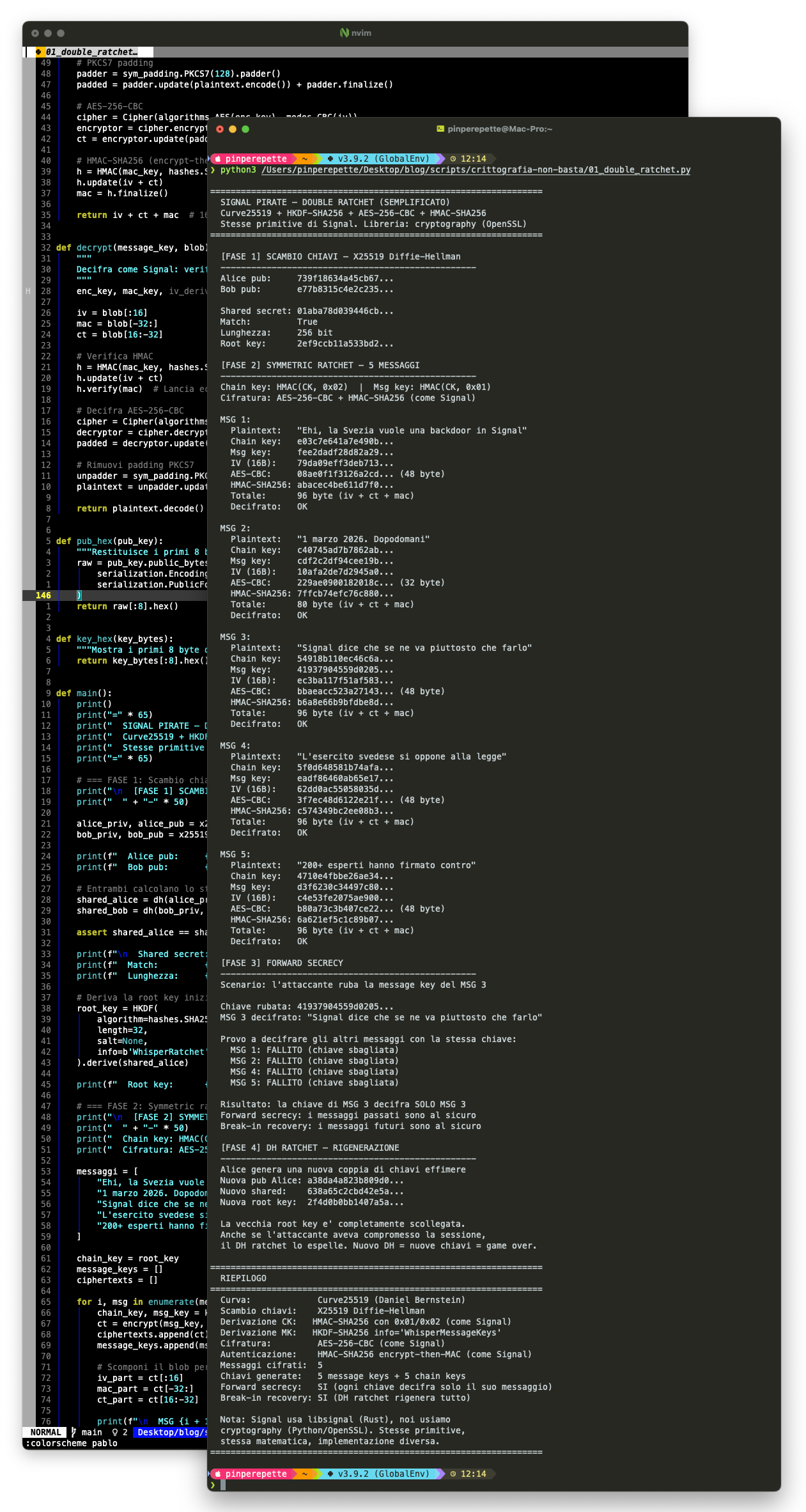 Double Ratchet: scambio chiavi X25519, symmetric ratchet con 5 messaggi, forward secrecy dimostrata