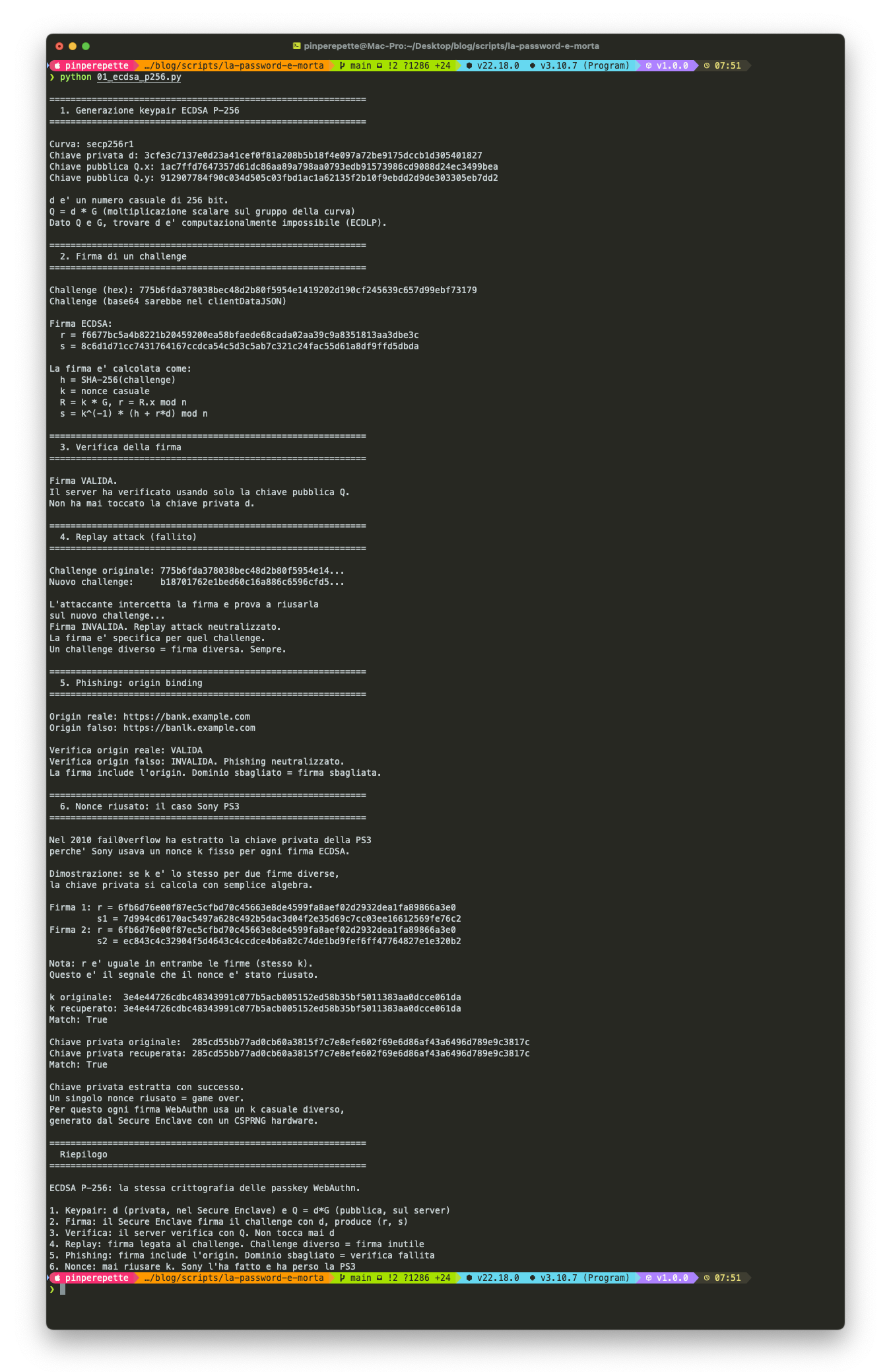 01_ecdsa_p256.py: keypair, firma, verifica, replay, phishing, nonce riusato PS3