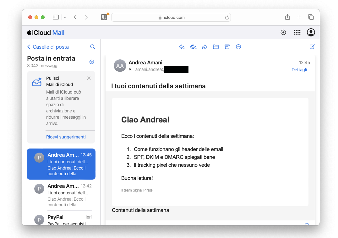 Mail con tracking pixel aperta su iCloud Mail