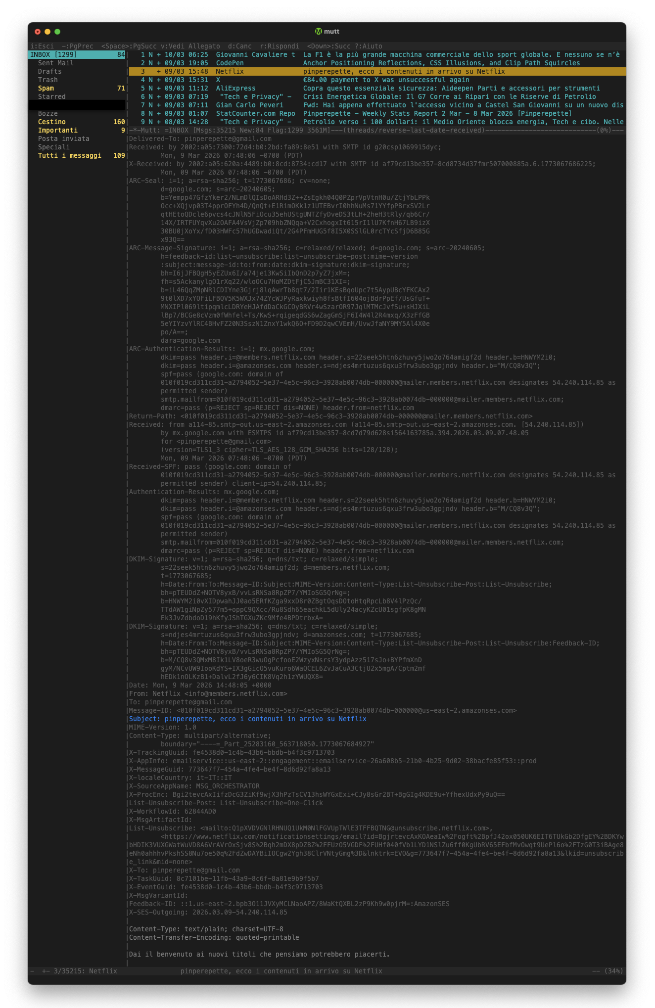 Screenshot di mutt con la mail Netflix di pinperepette: From info@members.netflix.com, Subject ecco i contenuti in arrivo su Netflix, Date 9 Mar 2026