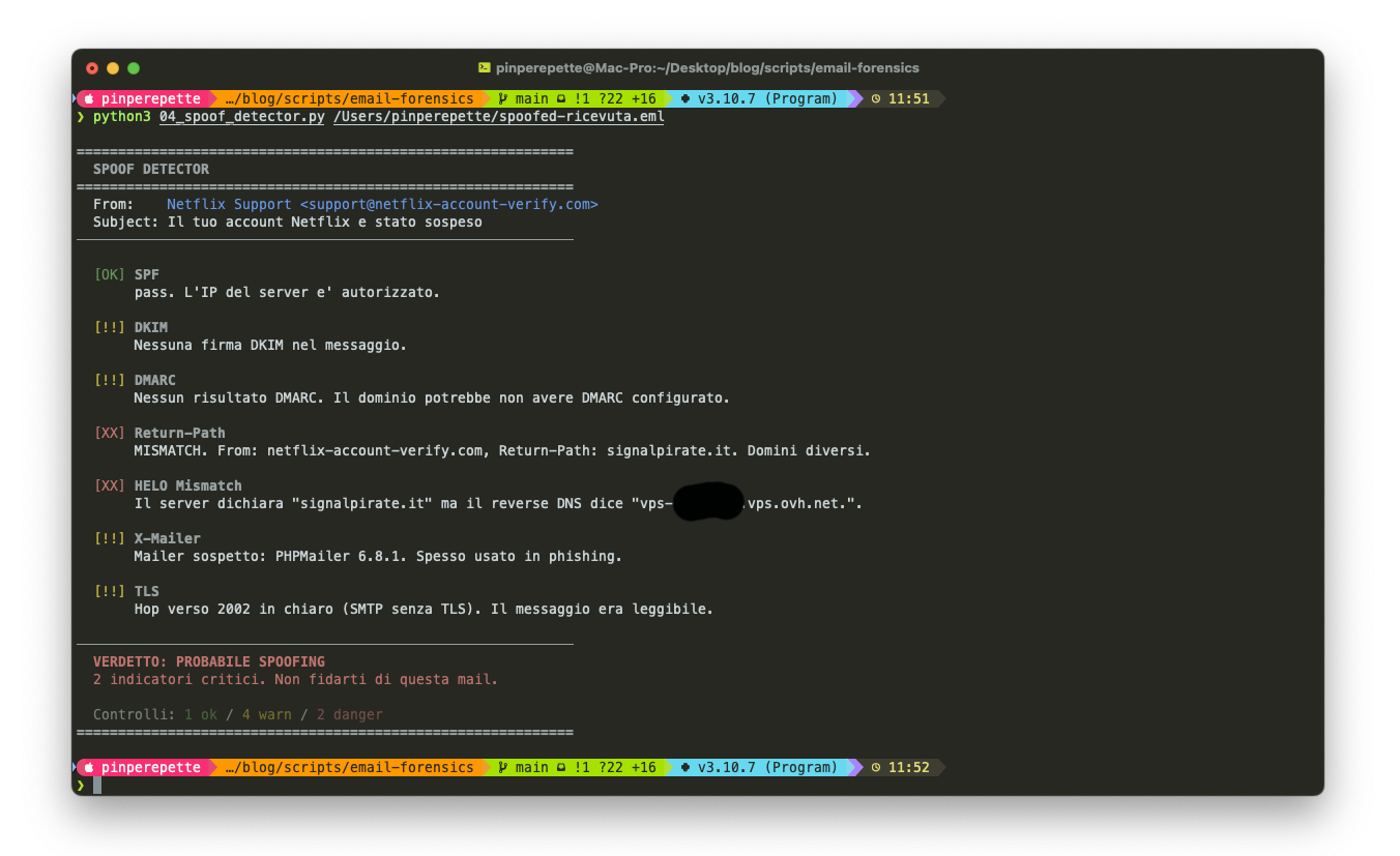 Output dello spoof detector: PROBABILE SPOOFING