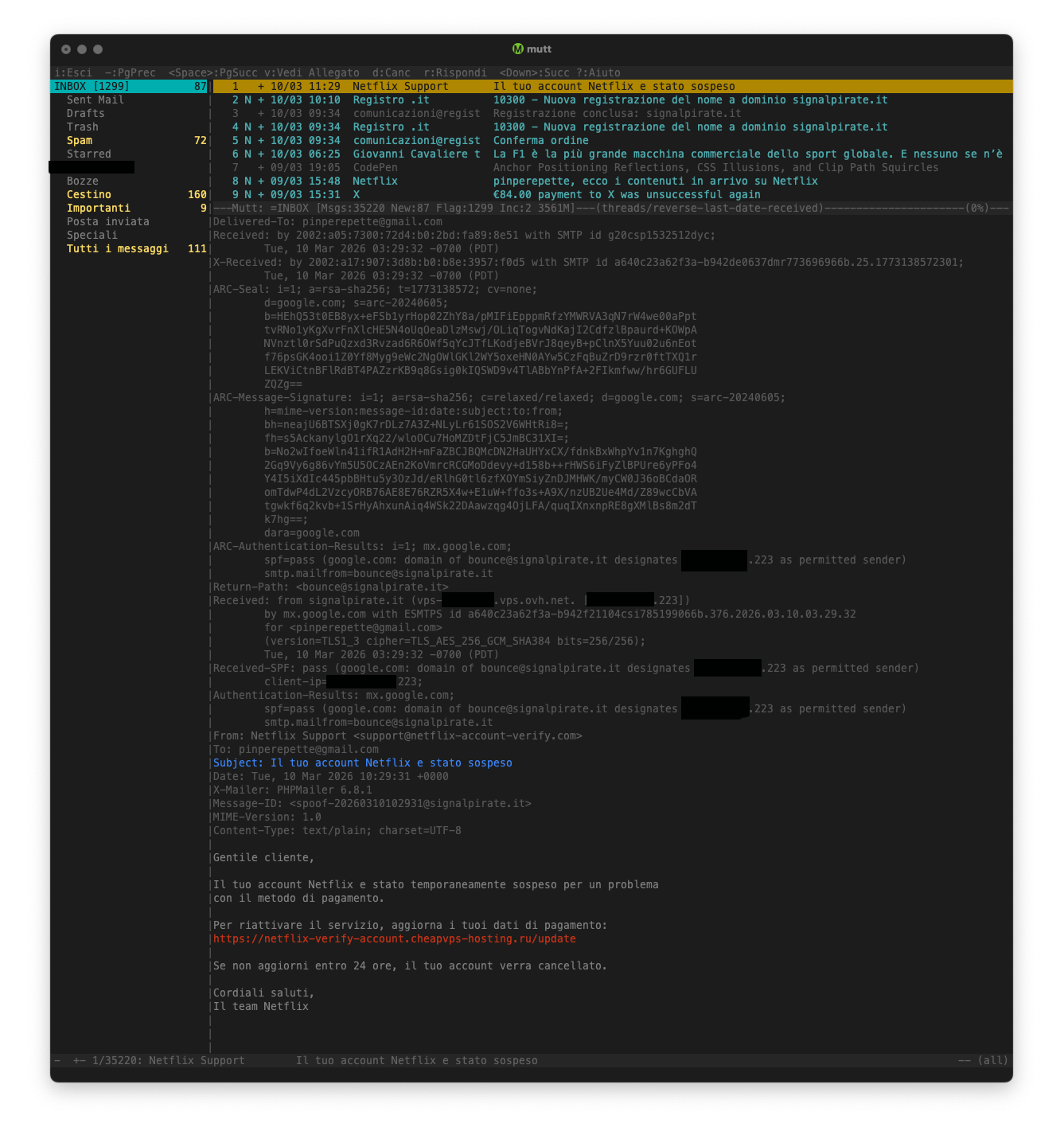Header completi della mail spoofata in mutt