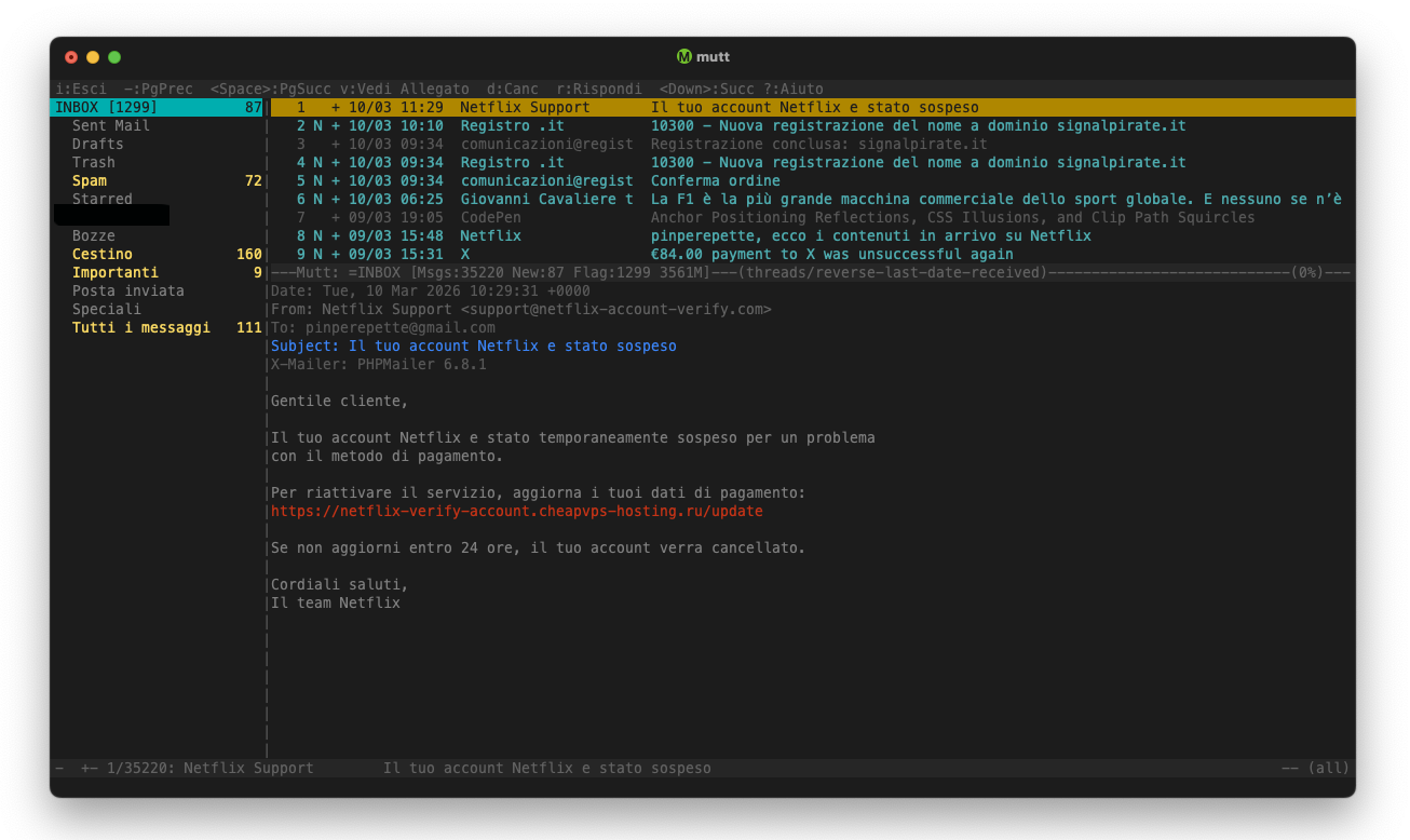 Mail spoofata arrivata in inbox mutt