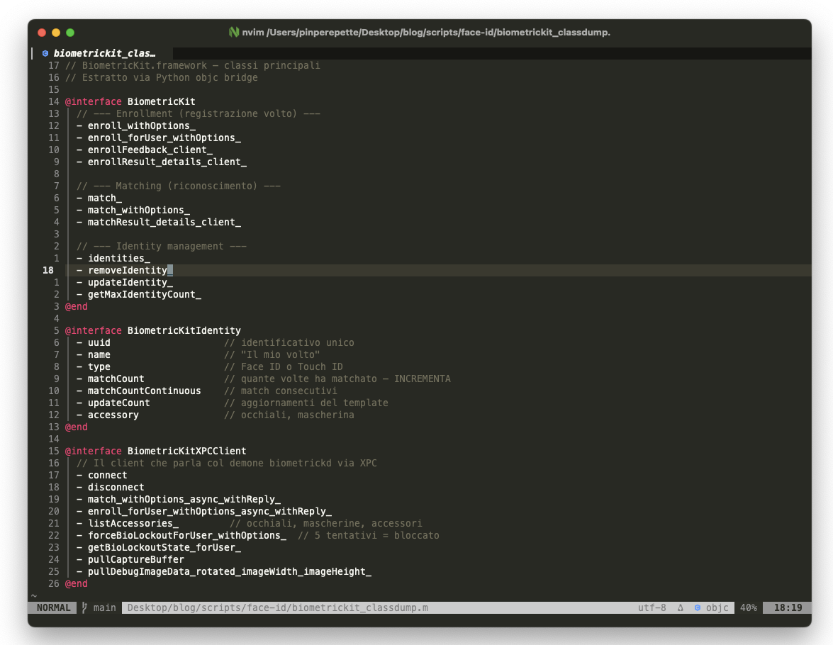 Class dump di BiometricKit.framework estratto via Python objc bridge