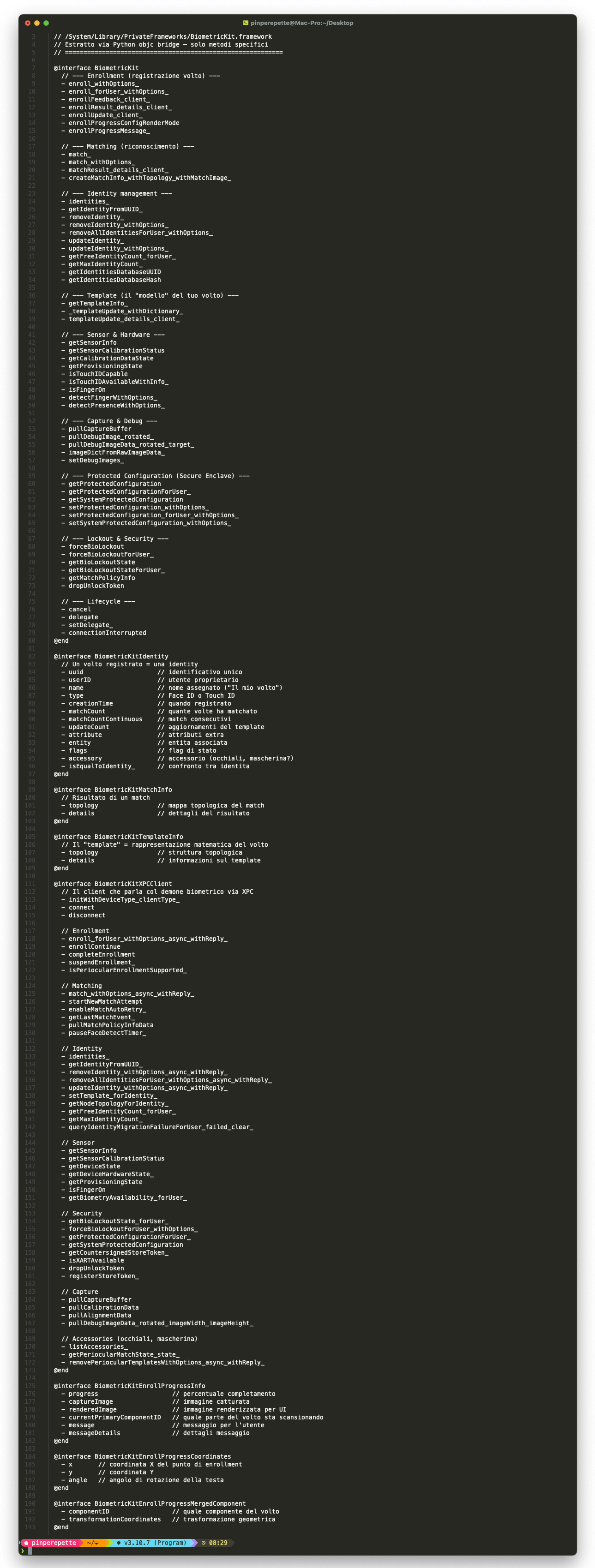 Class dump di BiometricKit.framework nel terminale