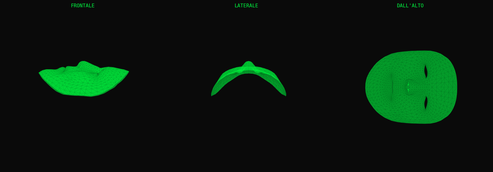 Mesh 3D del volto estratta con ARKit — frontale, laterale, dall'alto