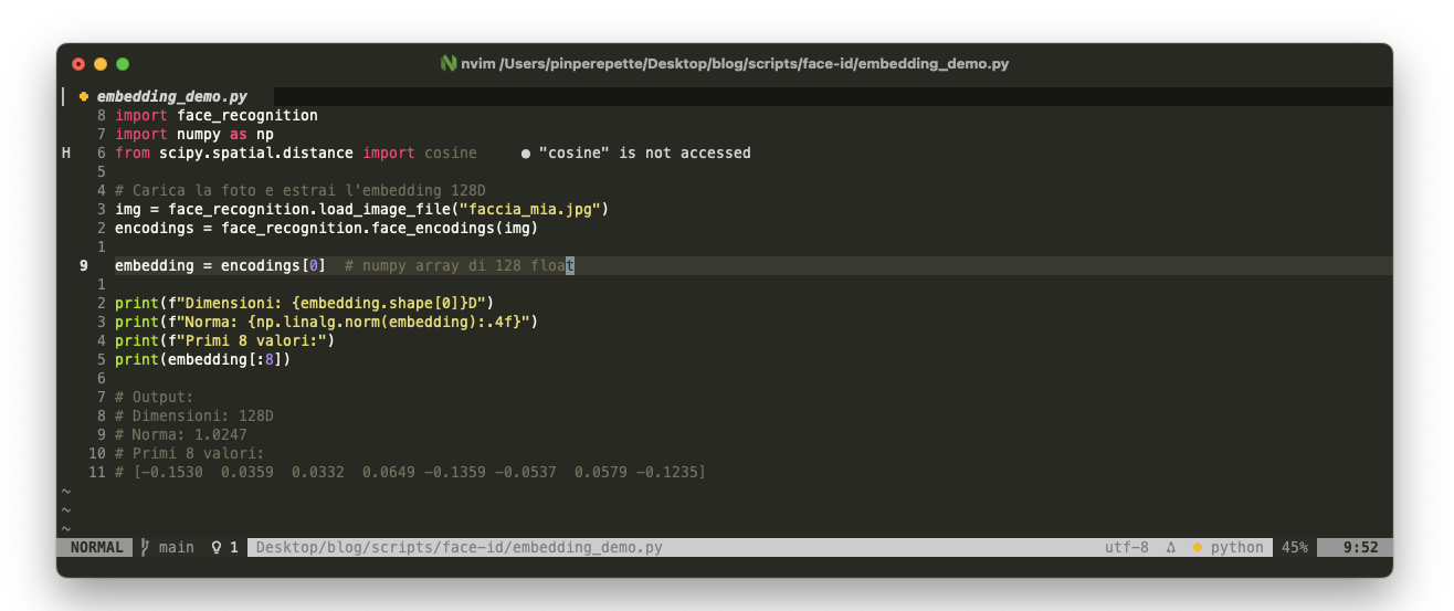 Script Python per estrarre l'embedding 128D dal volto