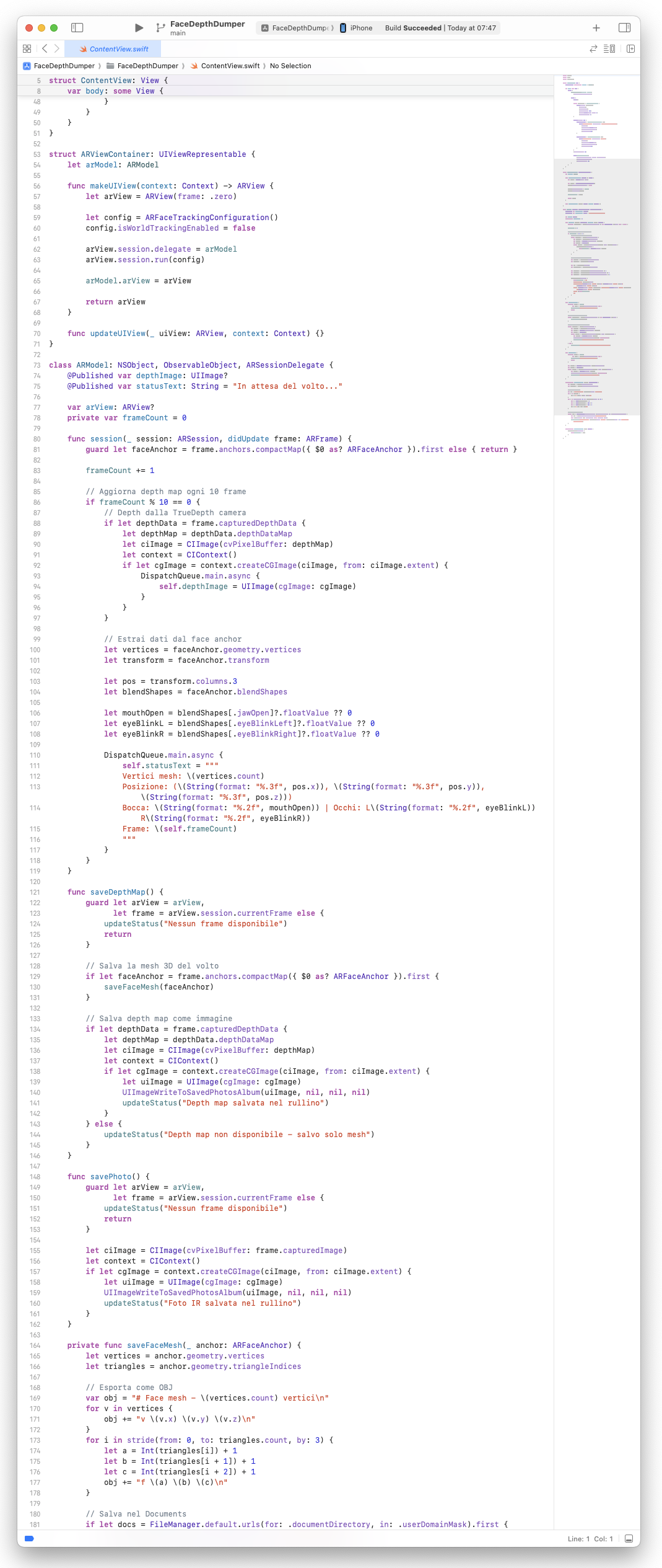 FaceDepthDumper: il codice Swift in Xcode