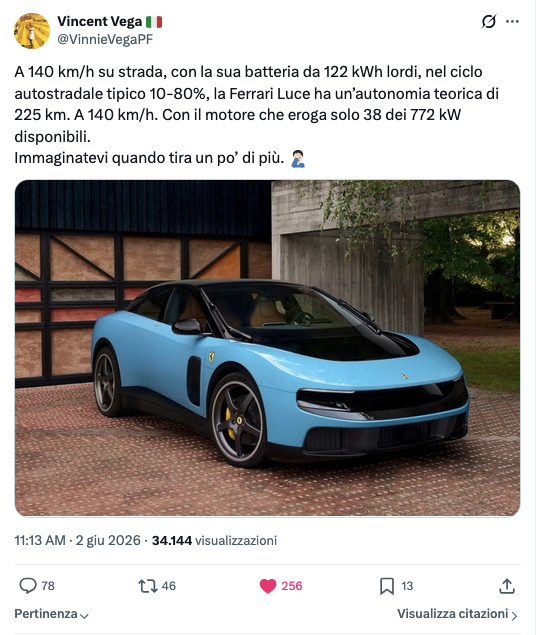Post di Vincent Vega (@VinnieVegaPF): a 140 km/h, con batteria da 122 kWh lordi, nel ciclo autostradale tipico 10-80%, la Ferrari Luce ha un'autonomia teorica di 225 km, con il motore che eroga solo 38 dei 772 kW disponibili.