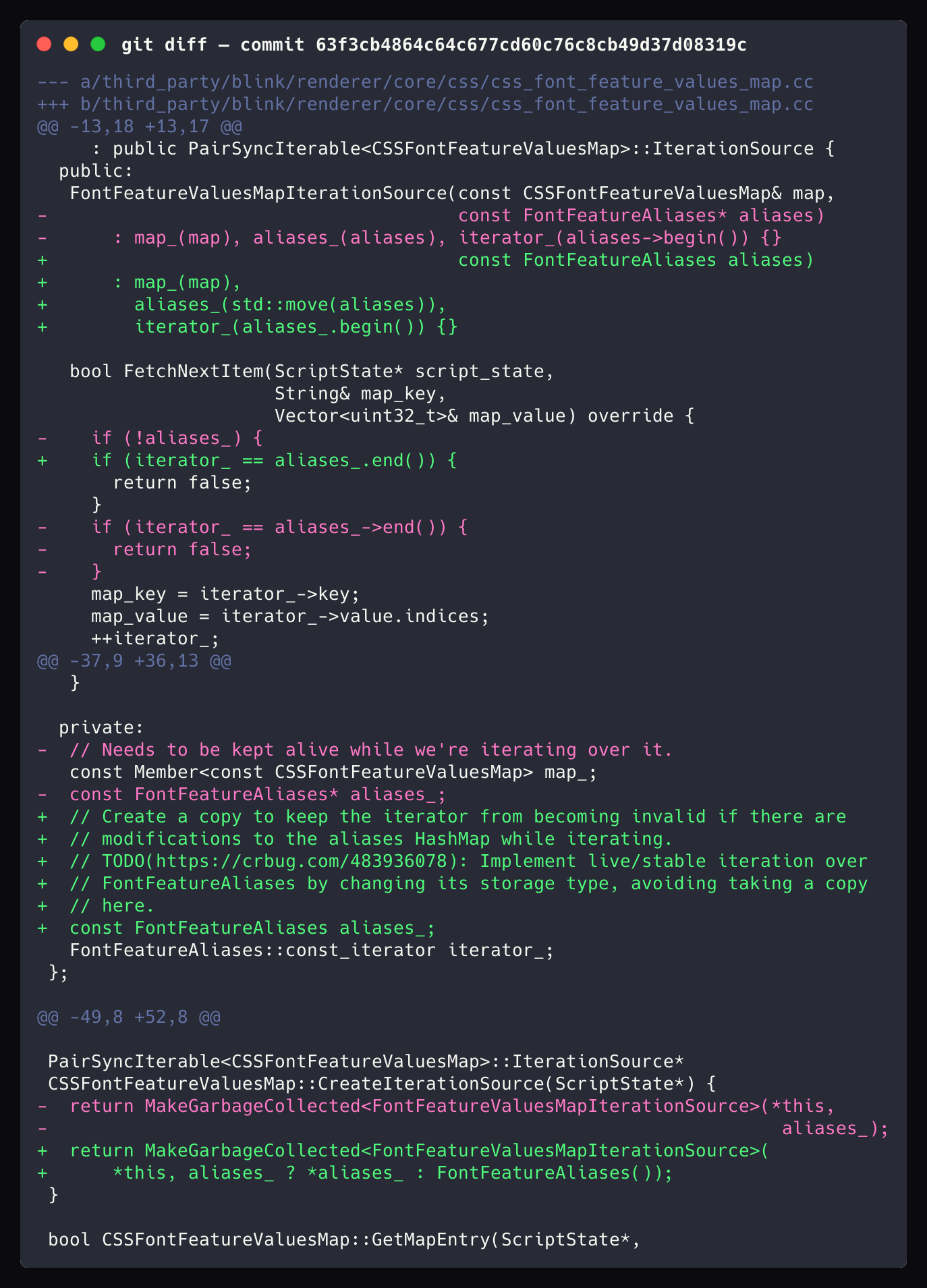 git diff del commit 63f3cb48: da FontFeatureAliases* (puntatore) a FontFeatureAliases (copia)