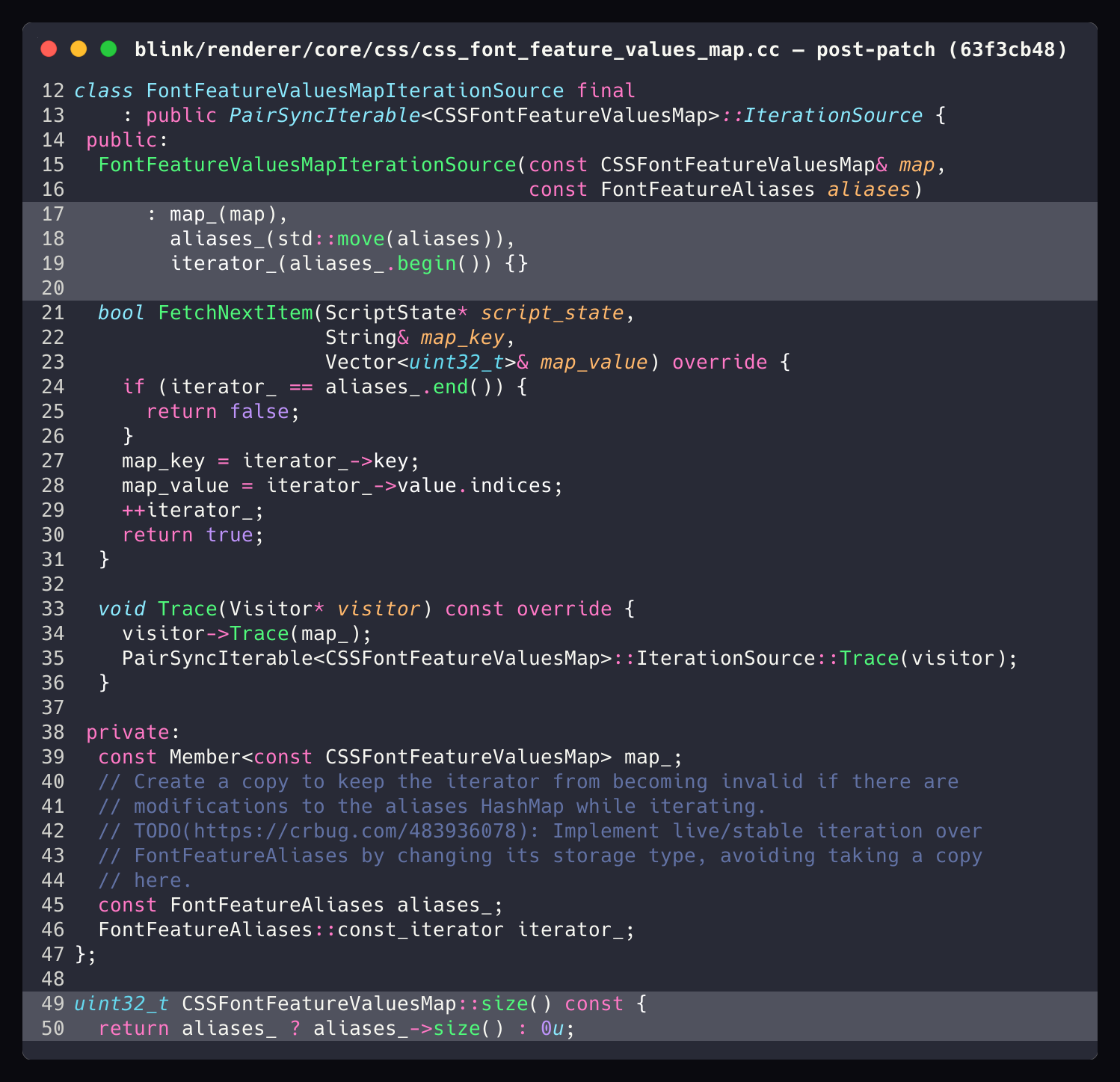 Codice fixato: css_font_feature_values_map.cc post-patch, con deep copy FontFeatureAliases aliases_