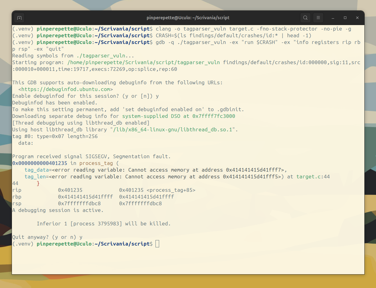 GDB con RIP sovrascritto da 0x414141414141