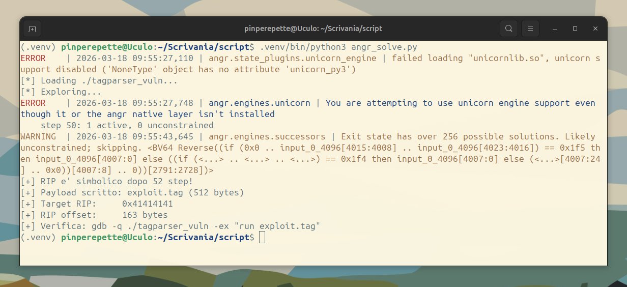 angr che trova il RIP simbolico e genera il payload