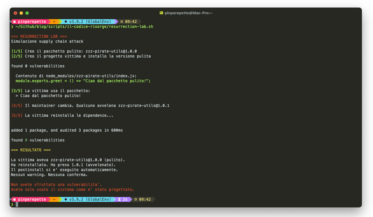 Output della simulazione di attacco: il pacchetto avvelenato si installa senza warning