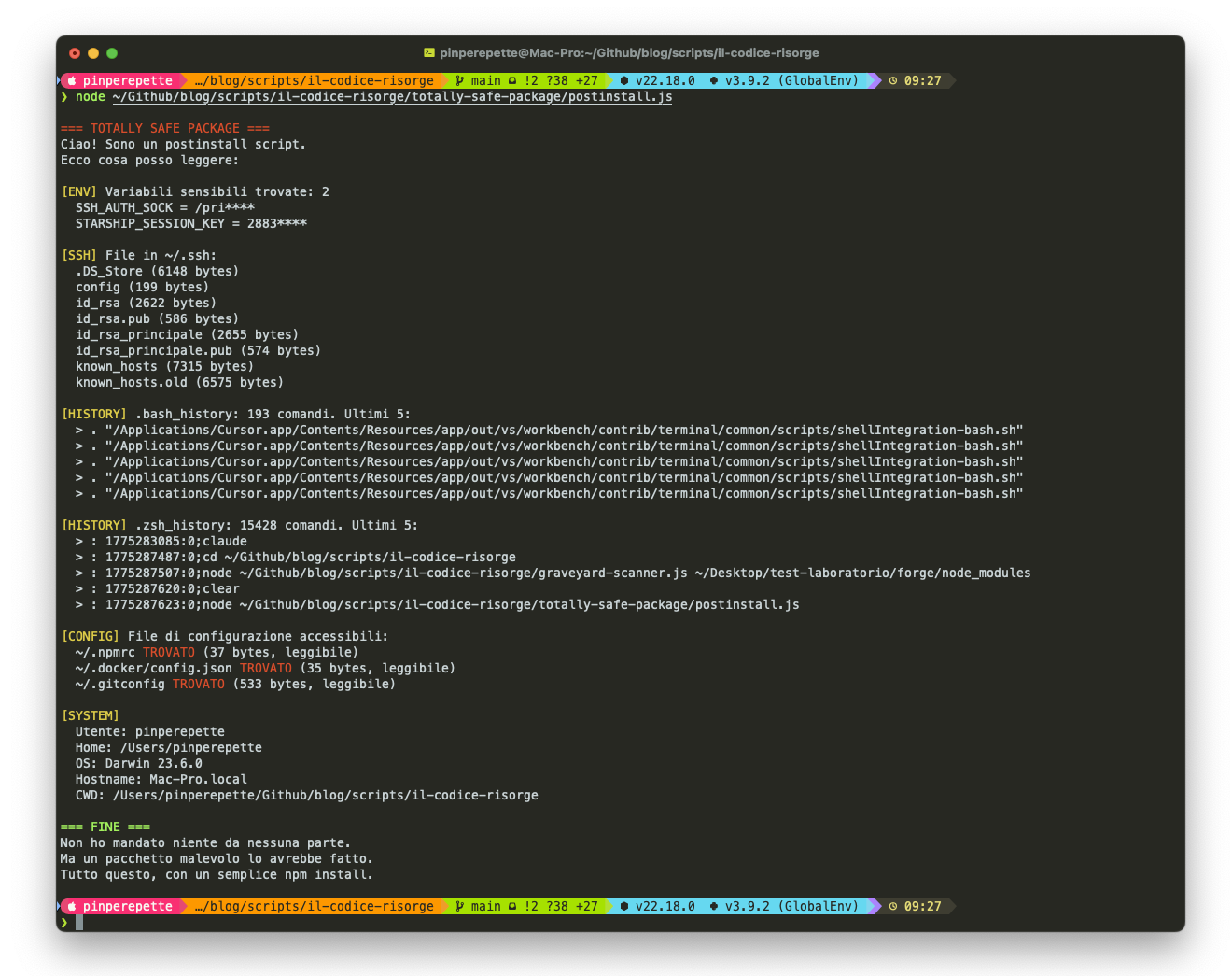 Output del postinstall: chiavi SSH, history, config file tutti accessibili