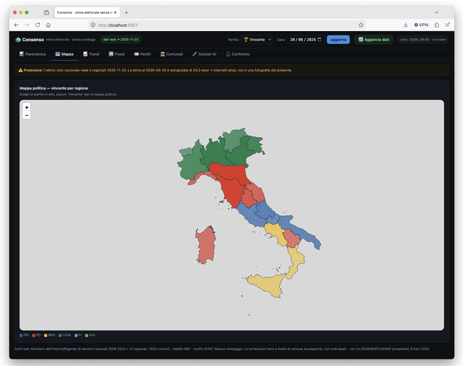 Mappa politica dell'Italia per regione: ogni regione colorata dal partito primo, con intensita' proporzionale alla forza