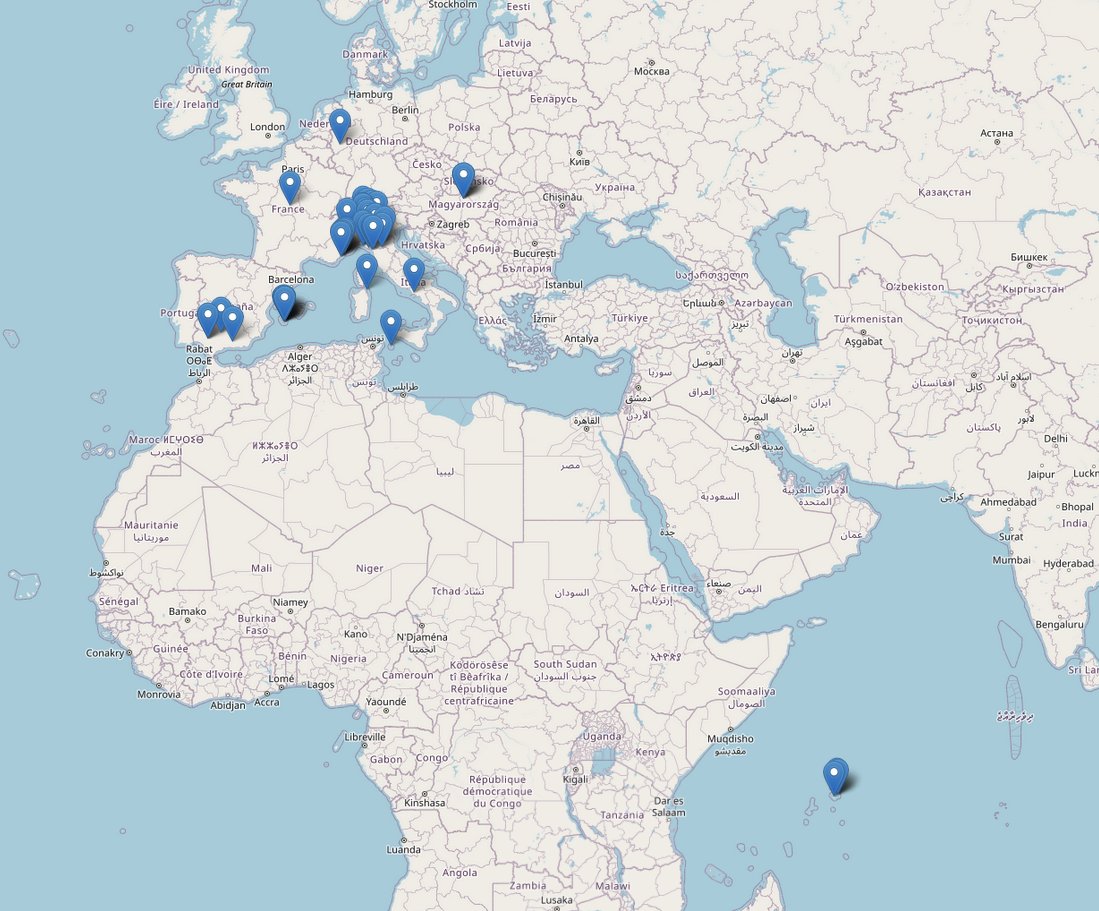 Mappa dei luoghi taggati nei post pubblici: decine di punti in tutta Europa e uno nell'Oceano Indiano