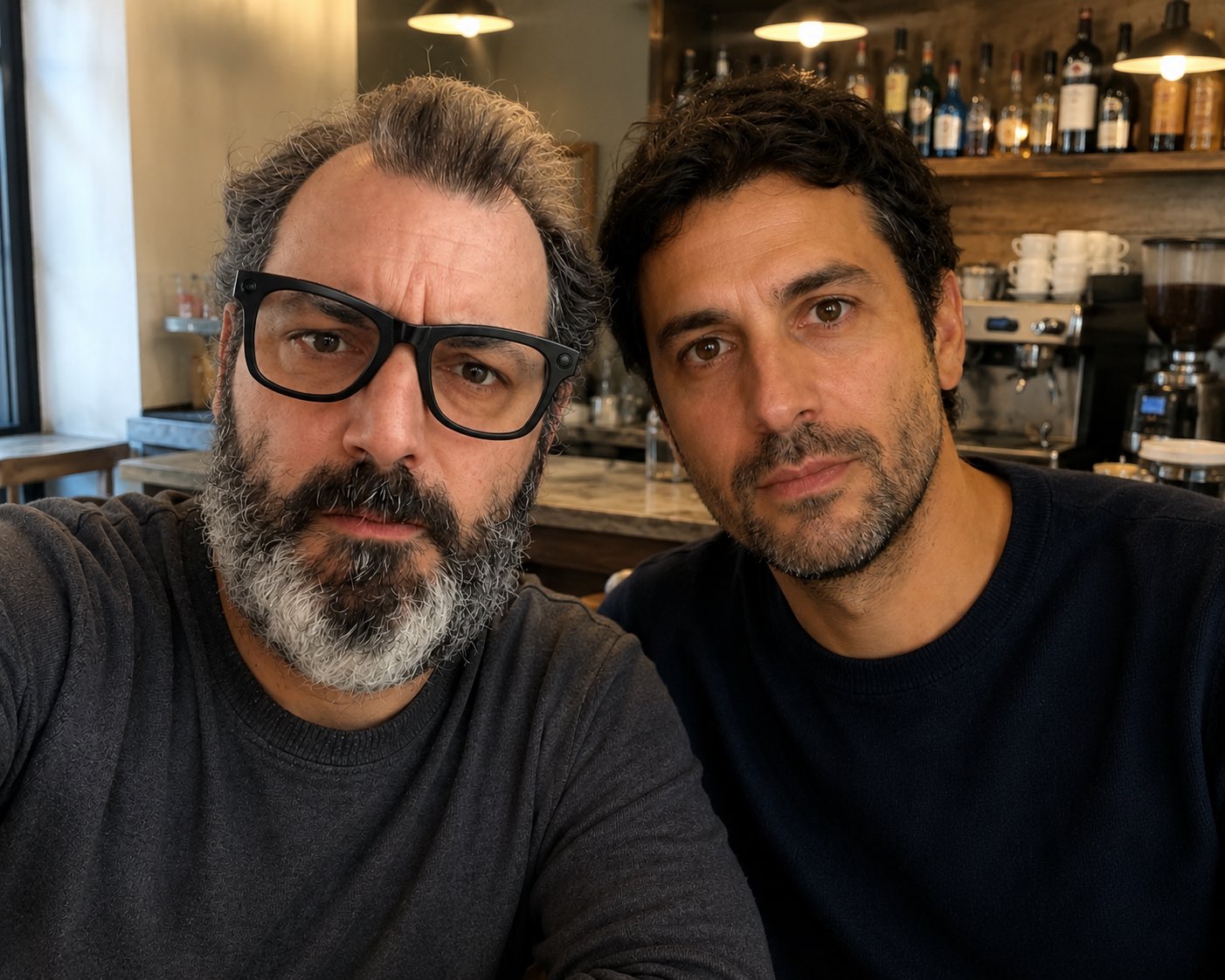 Foto generata dall'AI: l'autore al bar accanto al volto del bot Luciano