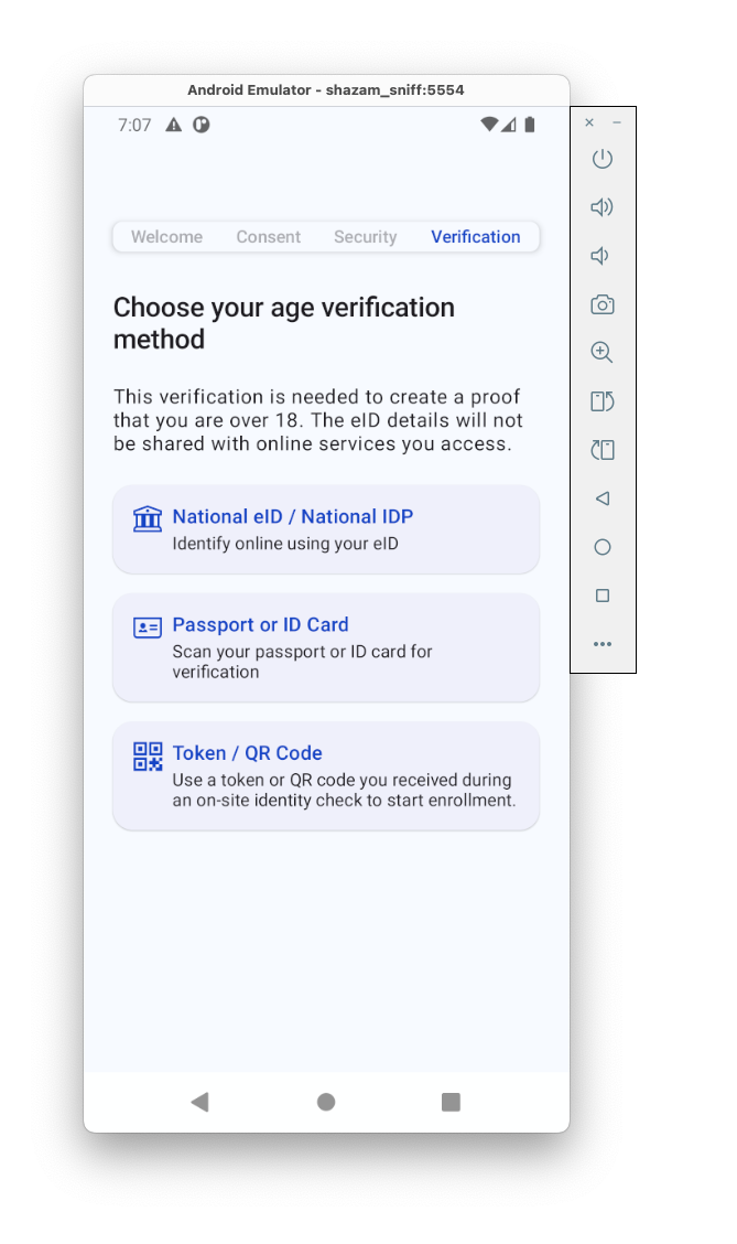 Schermata di scelta del metodo di verifica dell'eta' nell'app AV