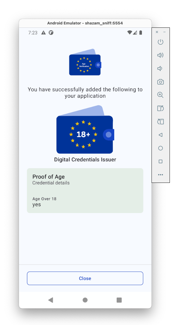 Wallet con credenziale age_over_18 = yes emessa, badge 18+