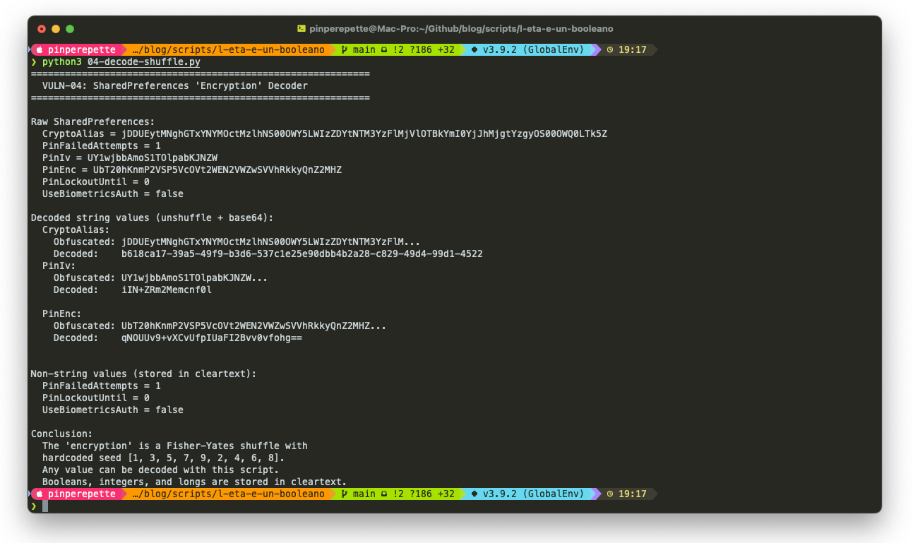 Output di 04-decode-shuffle.py con CryptoAlias, PinIv, PinEnc decifrati