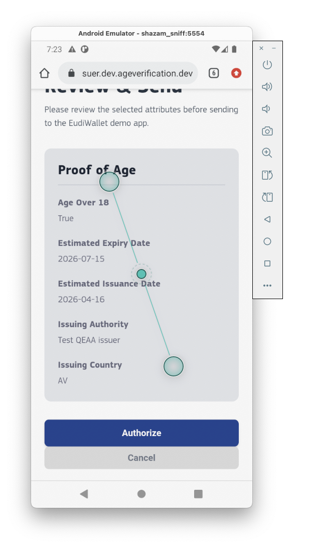 Review della credenziale prima della firma: Age Over 18 True, Test QEAA issuer