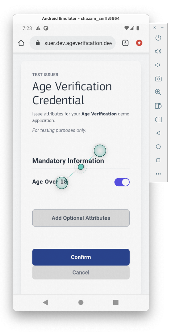 Test issuer che chiede all'utente di flippare il toggle Age Over 18