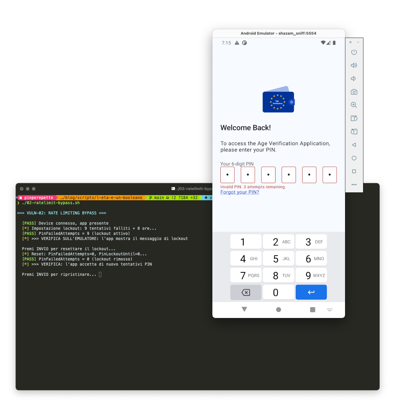 App AV dopo bypass: Invalid PIN. 3 attempts remaining