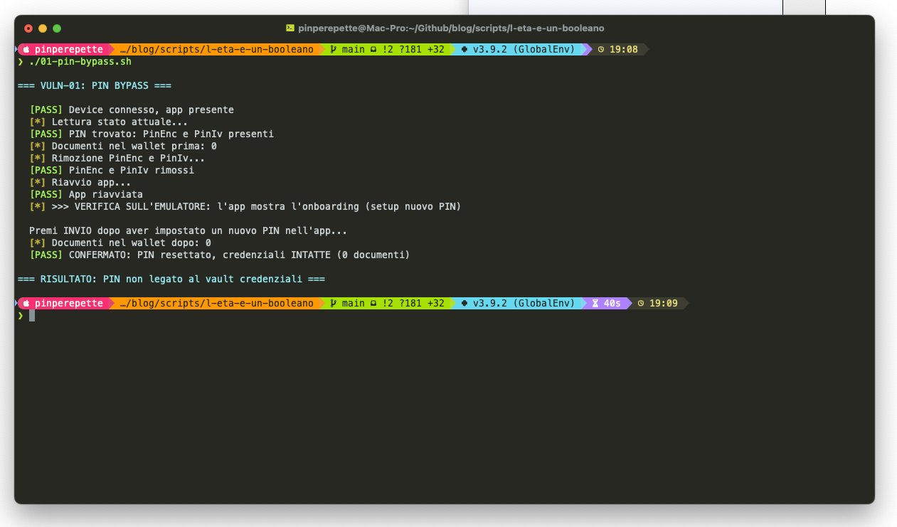 Output terminale: PIN resettato, credenziali INTATTE