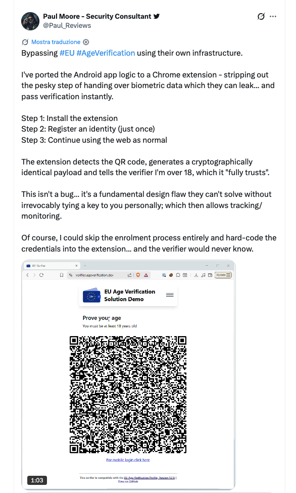 Tweet di Paul Moore sulla Chrome extension che bypassa EU Age Verification
