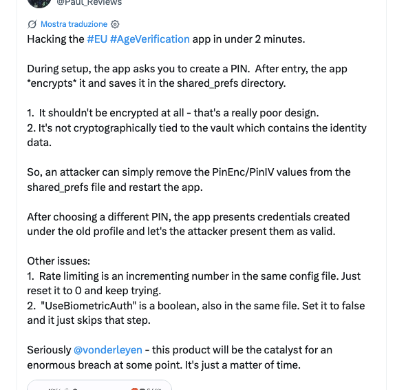 Tweet di Paul Moore: Hacking the EU AgeVerification app in under 2 minutes