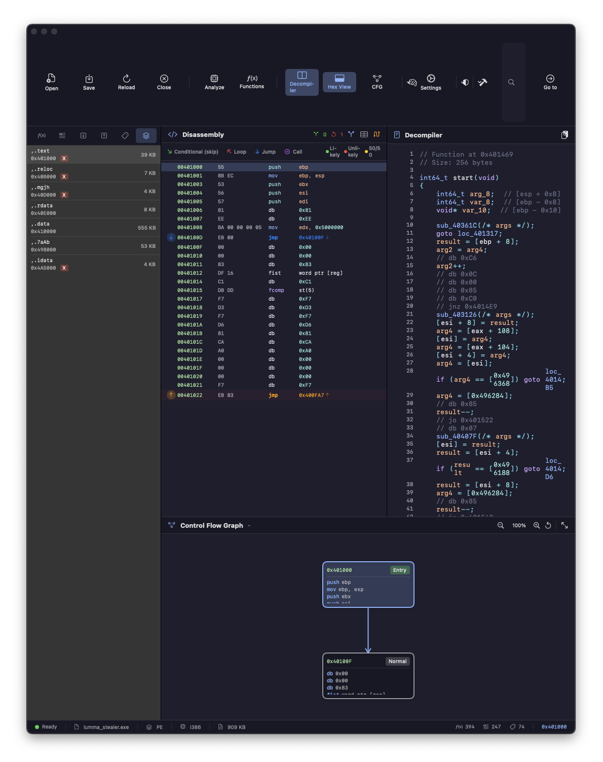 Aether - sezioni del PE, disassembly e decompiler del Lumma Stealer