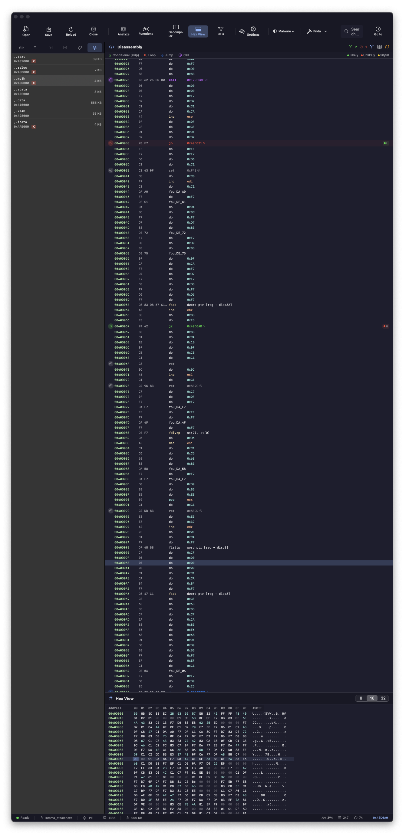 Aether - sezione .mgjh con codice offuscato del decifratore