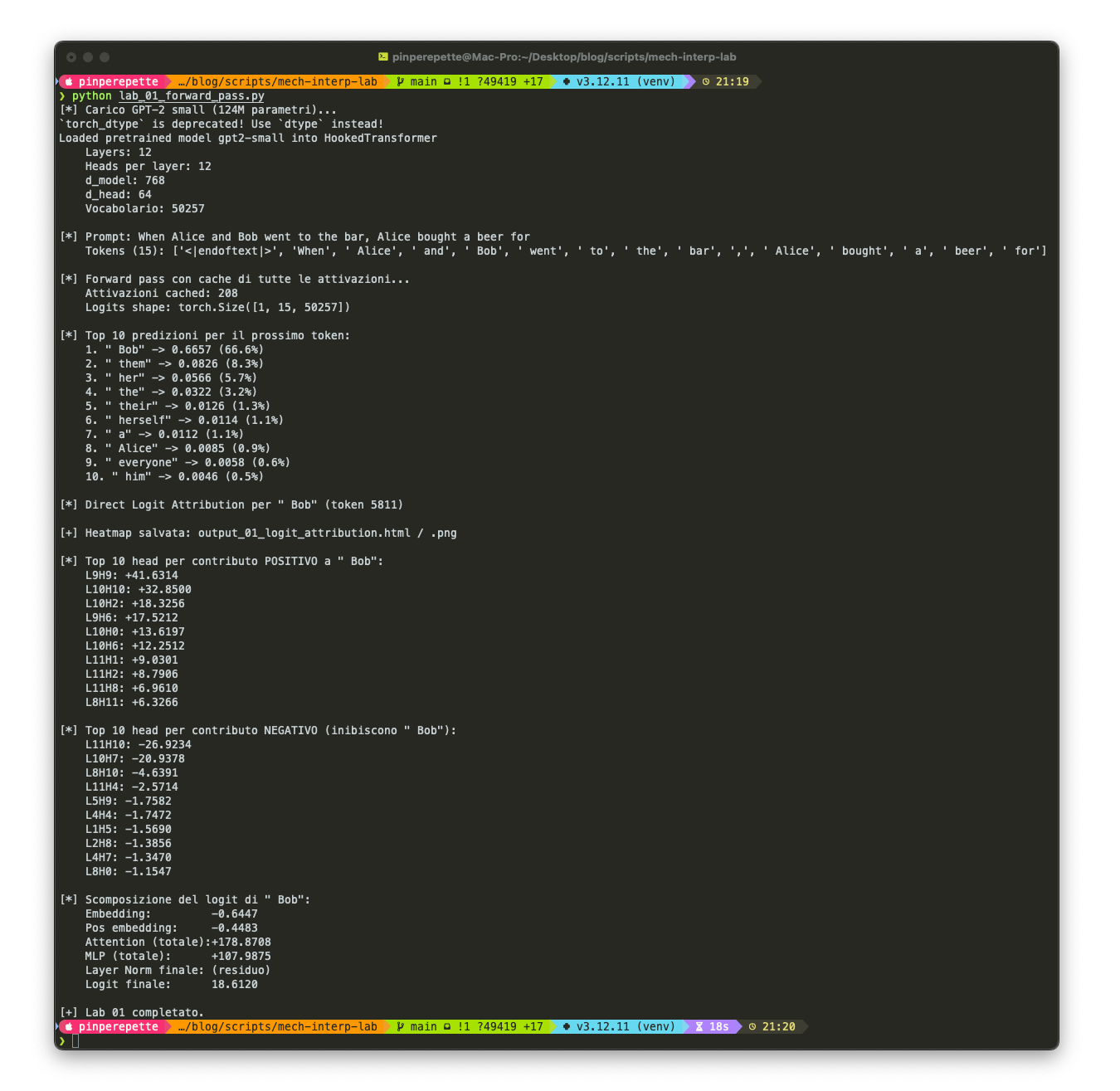 Lab 01 - Forward pass e Direct Logit Attribution: output del terminale con la heatmap dei contributi di ogni attention head