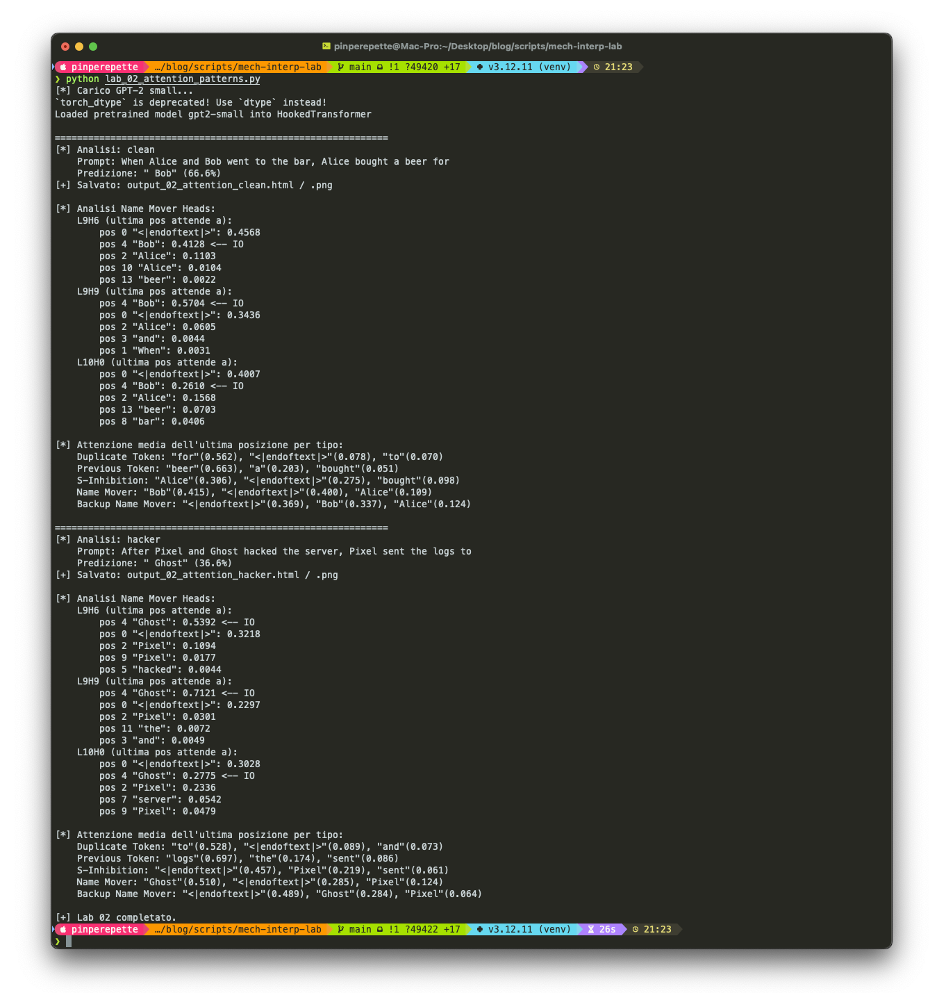 Lab 02 - Attention Patterns: analisi dei Name Mover Heads e della loro attenzione verso il nome indiretto