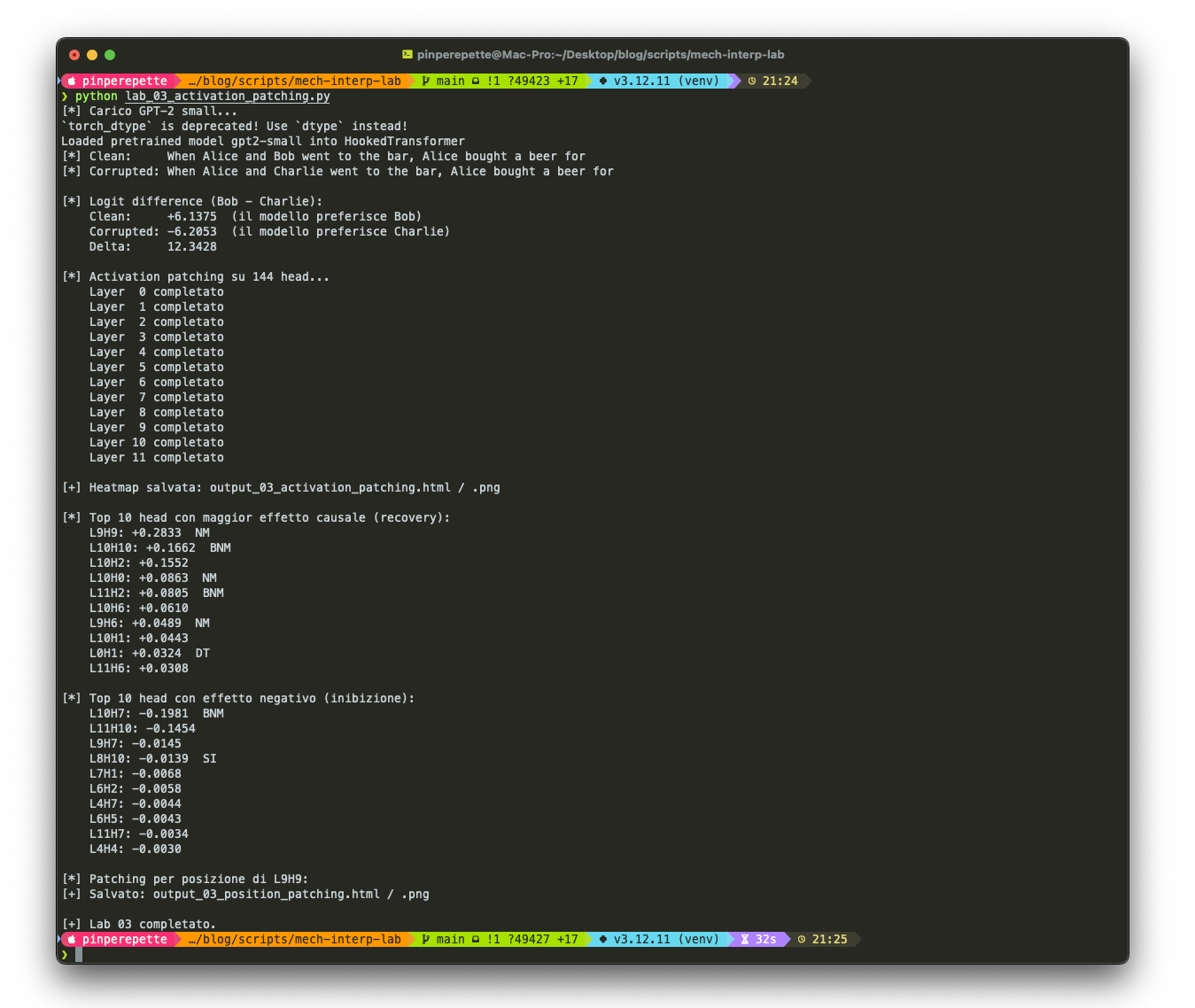 Lab 03 - Activation Patching: heatmap causale dei 144 attention heads con recovery positivo e negativo