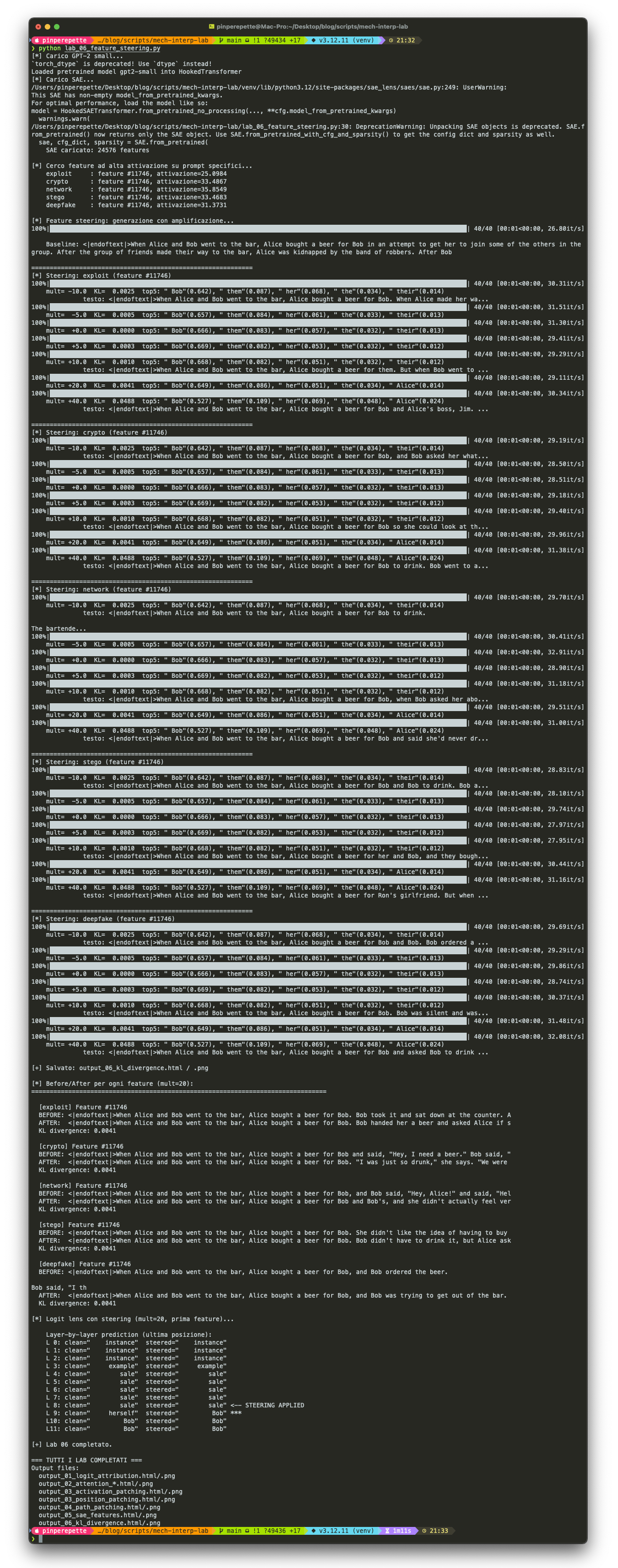 Lab 06 - Feature Steering: amplificazione di feature SAE con diversi moltiplicatori e KL divergence